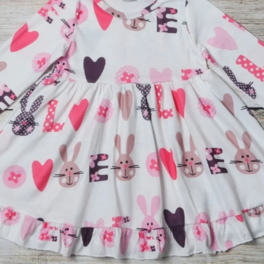 Boutique Baby Girls Love Bunny Rabbit Easter Valentine's Long Sleeve Dress